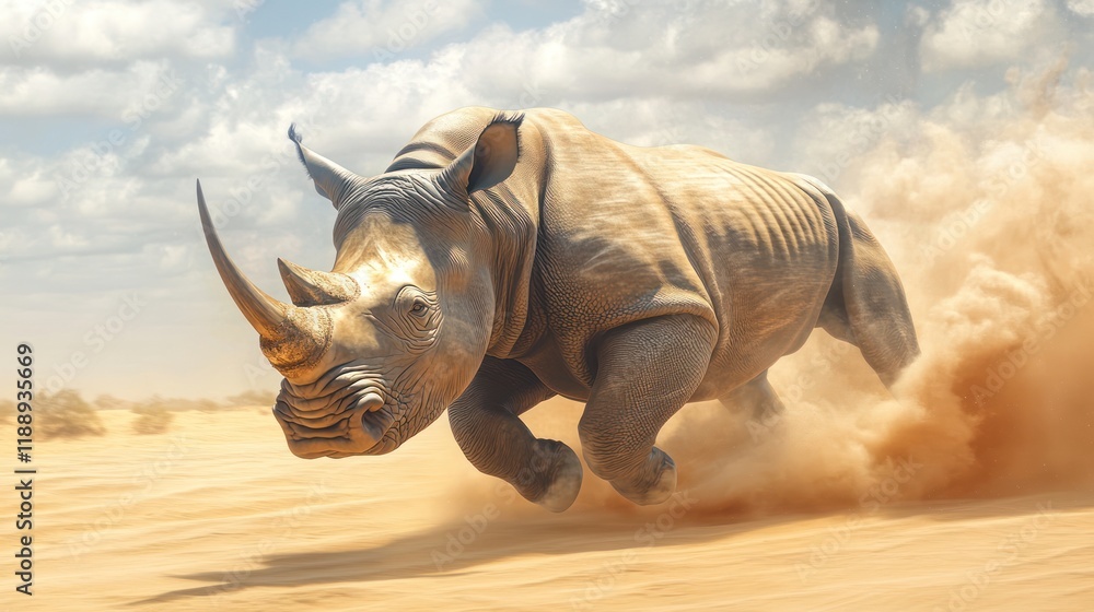 Fototapeta premium Powerful rhino leaps through desert dust