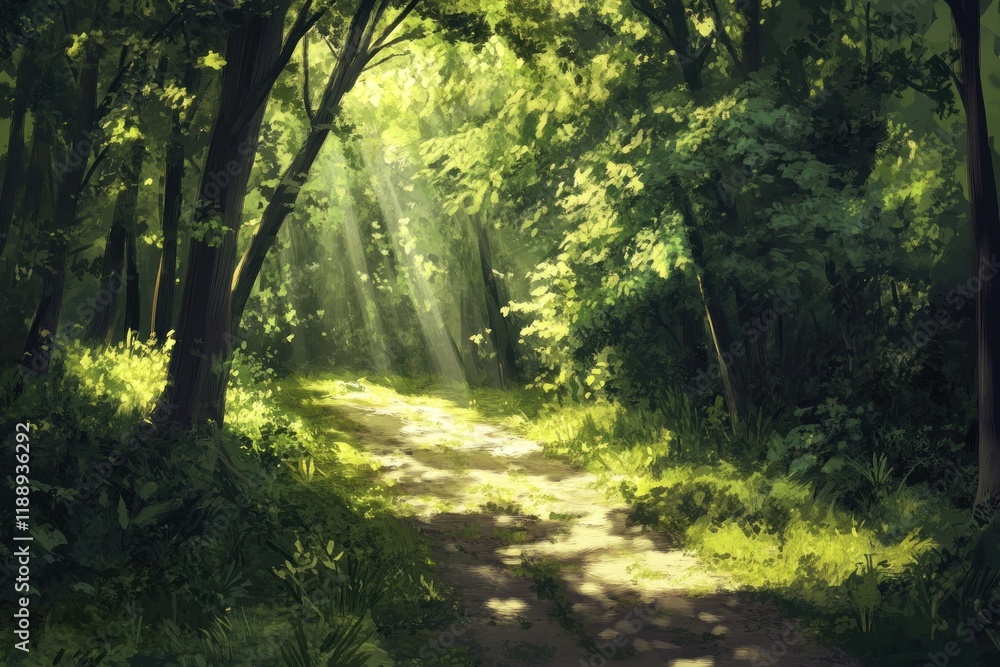 Fototapeta premium Sunlit Path Through Lush Green Forest Trees