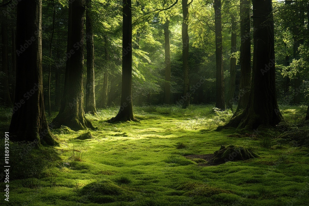 Obraz premium Sunlit Mossy Forest Floor Among Tall Trees