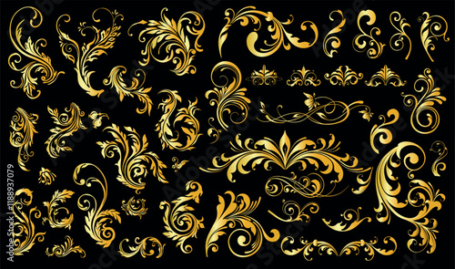 Set of Gold floral elements for design, abstract flower vector decor, decorative corner ornaments..eps