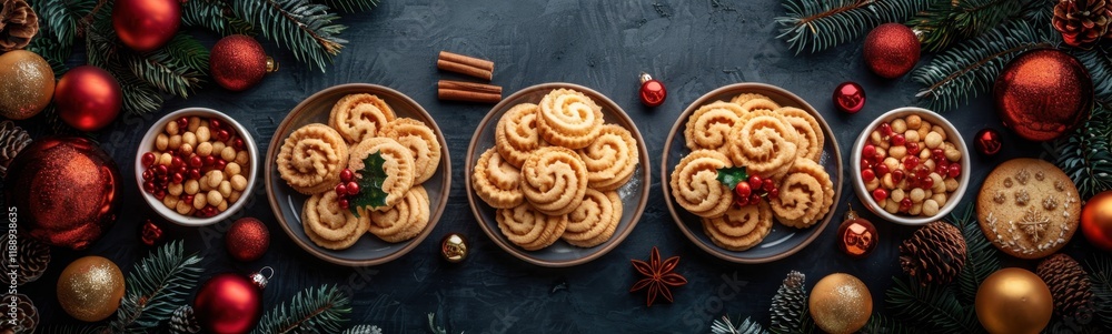 Several bowls of cookies are lined up on a table, christmas background, banner, copy space Several bowls of cookies are lined up on a table, christmas background, banner, copy space