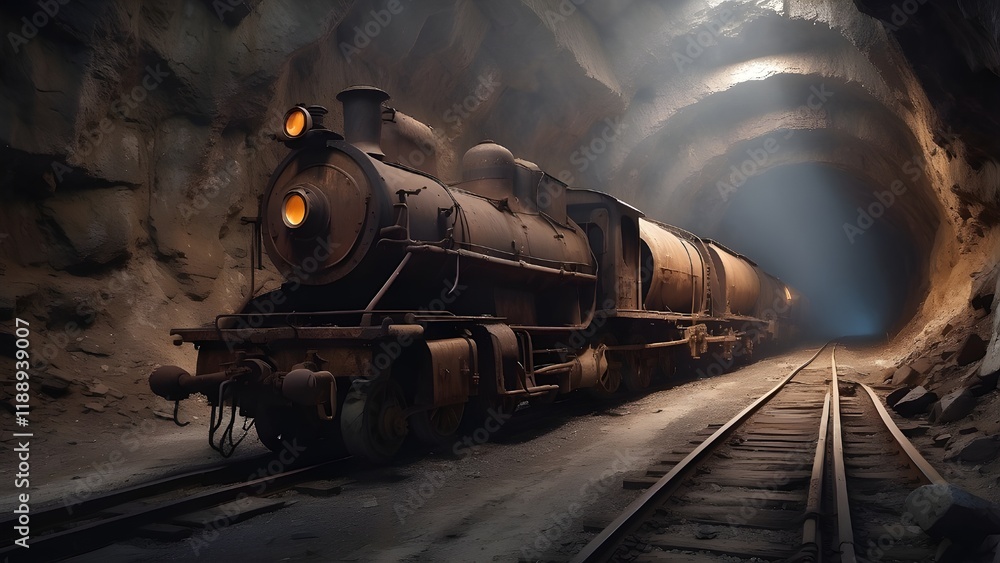 Naklejka premium A rusty old mining train sits in a dark, eerie mine tunnel. The wooden tracks are covered in dust, and the atmosphere is tense, evoking a sense of abandonment and mystery. 