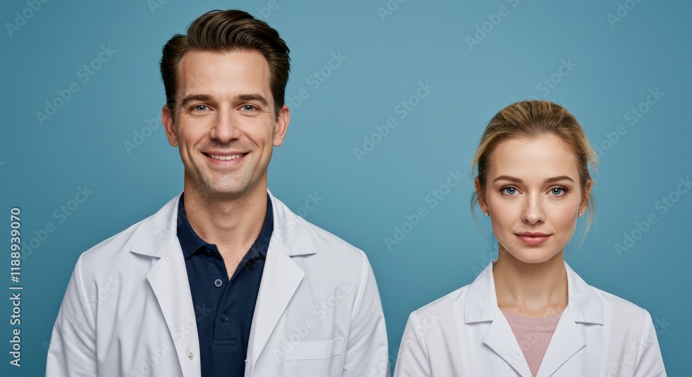 Confident Doctors: Two smiling doctors, a man and a woman, stand side by side against a muted blue background, exuding professionalism and care. They wear crisp white lab coats. Confident Doctors: Two smiling doctors, a man and a woman, stand side by side against a muted blue background, exuding professionalism and care. They wear crisp white lab coats.
