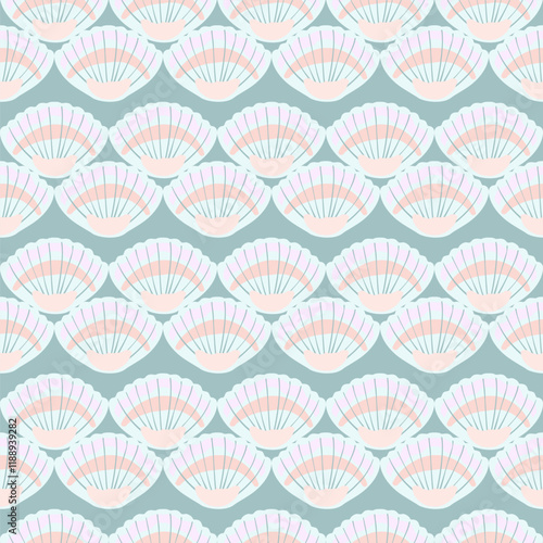 Marine print, shells, sand, pearls, scallop, coastal nature seamless pattern, ocean waves, underwater world. Vector illustration, pastel colors.