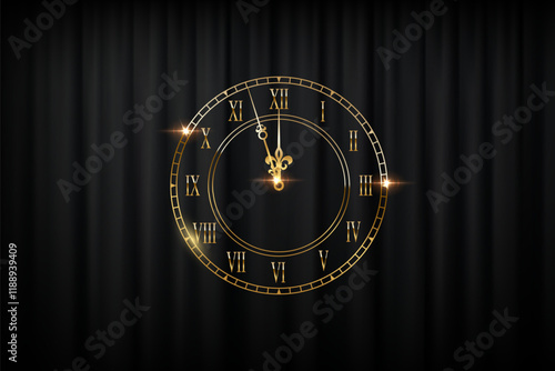 Happy New Year greeting card vector background. Gold clock face with midnight time and glow light effects on black curtains backdrop. Luxury festive horizontal banner, poster, card.