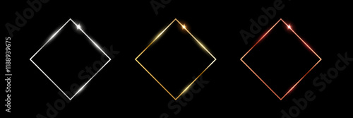 Gold, silver and bronze square frames. Metal thin photo or picture frames isolated on black background. 3d realistic empty template vector illustration set. Simple object mockup.