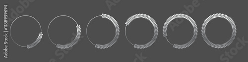 Silver laurel wreath round frame set. Platinum rings with leaves, circle award logo or emblem vector illustration. Roman circular badge for anniversary, wedding, award isolated on grey background.