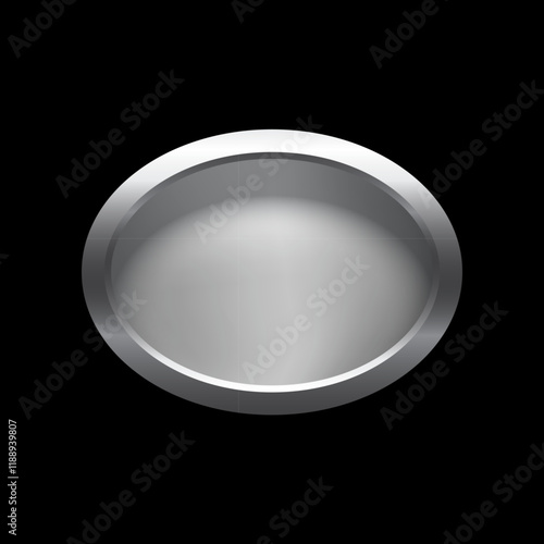 Silver button of ellipse shape with frame vector illustration. Realistic isolated website element, platinum glossy label for game UI, oval badge of navigation menu with light effect on border.