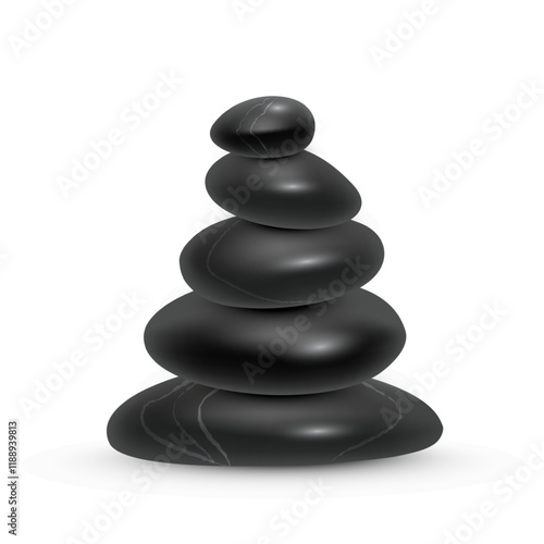 Stone balance tower vector illustration for meditation, spa, relax. Black stones pyramid. Abstract stacked black pebbles isolated on transparent background.