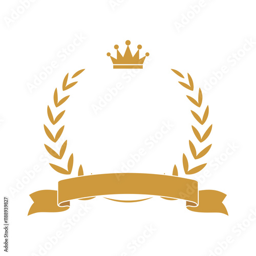 Gold award laurel wreath with ribbon, crown and empty place for name of winner. Champion reward vector illustration. Prize for awarding ceremony or best player. Quality certified icon.