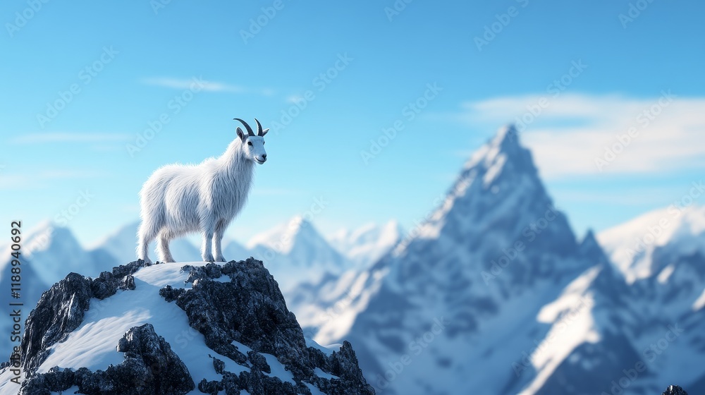 Naklejka premium Mountain Goat Peak Majesty - A majestic mountain goat stands proudly atop a snow-capped peak, symbolizing strength, resilience, freedom, solitude, and the beauty of nature.