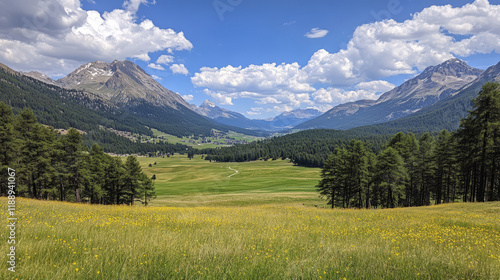 Wallpaper Mural "explore the breathtaking swiss alps landscape with vibrant alpine meadow flowers and serene coniferous forests in summer" Torontodigital.ca