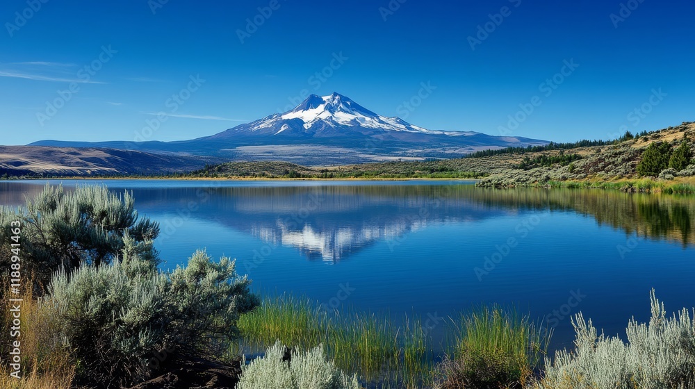 A picturesque mountain lake beautifully reflecting a stunning peak, enveloped by lush greenery and a vast clear blue sky, creating an incredibly serene and tranquil atmosphere all around A picturesque mountain lake beautifully reflecting a stunning peak, enveloped by lush greenery and a vast clear blue sky, creating an incredibly serene and tranquil atmosphere all around
