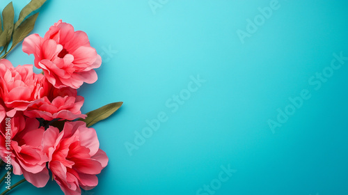 Vibrant pink flowers on a bright turquoise background. photo