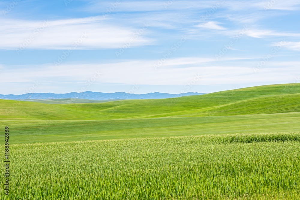Serene Rolling Hills Landscape Lush Green Wheat Field Under Blue Sky Serene Rolling Hills Landscape Lush Green Wheat Field Under Blue Sky