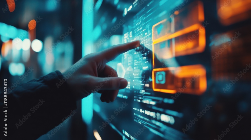 Close up of man hand pointing at creative online banking hologram on blue blurry background. AI and automation concept. Double exposure Close up of man hand pointing at creative online banking hologram on blue blurry background. AI and automation concept. Double exposure