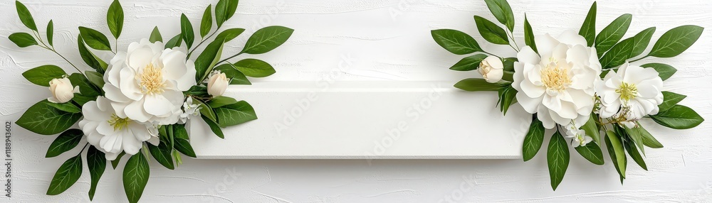 Fototapeta premium Elegant Floral Arrangement with White Flowers and Green Leaves on a Rustic Background