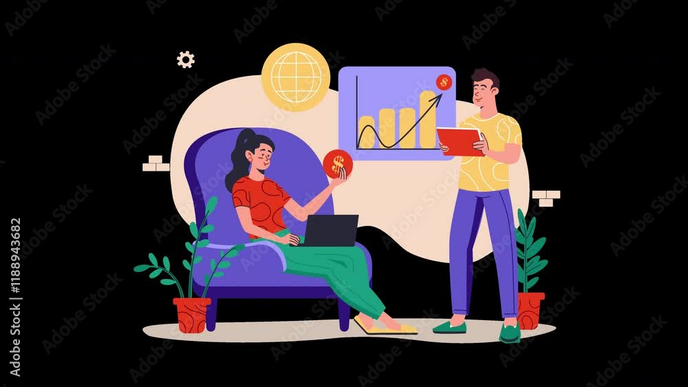 A casual scene with a European couple analyzing financial graphs and working on a laptop at home. A casual scene with a European couple analyzing financial graphs and working on a laptop at home.