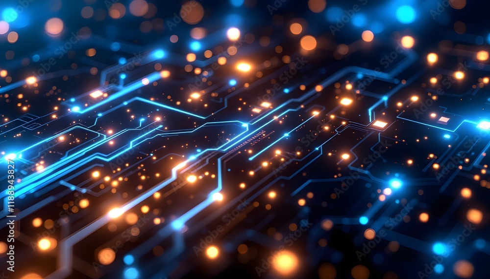Fototapeta premium Glowing circuit board with bokeh lights - Connectivity and data flow - Ideal for tech presentations and digital media