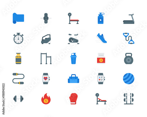 Fitness Training Flat Icon Set: Strength Building, Cardio Workouts, and Gym Activities Icons
