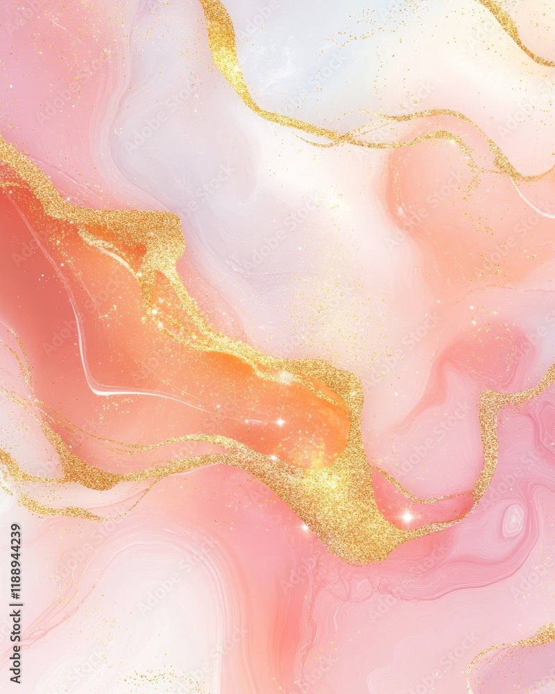 Obraz premium Abstract Pink and Gold Marble Texture: Elegant Fluid Art Background with Golden Glitter Swirls