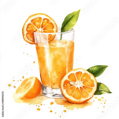 A watercolor vector painting of tangerine juice, isolated on a white background. Tangerine juice vector.

