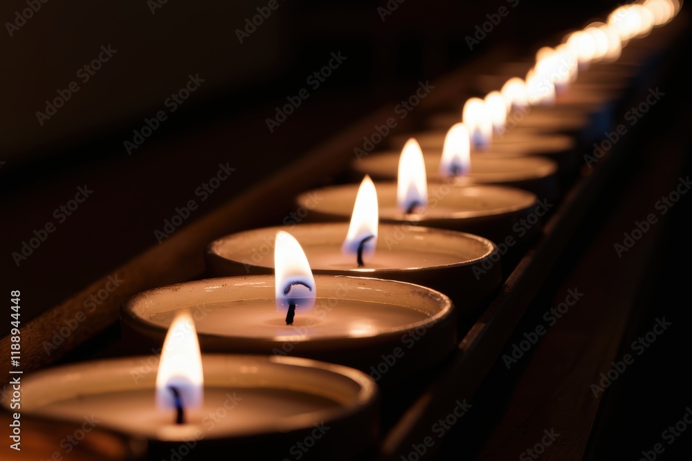 candlelight vigil, rows of tea lights, warm orange glow, reflective surface, dark background, somber atmosphere, memorial service, peaceful gathering, flickering flames, night scene, spiritual ambianc candlelight vigil, rows of tea lights, warm orange glow, reflective surface, dark background, somber atmosphere, memorial service, peaceful gathering, flickering flames, night scene, spiritual ambianc