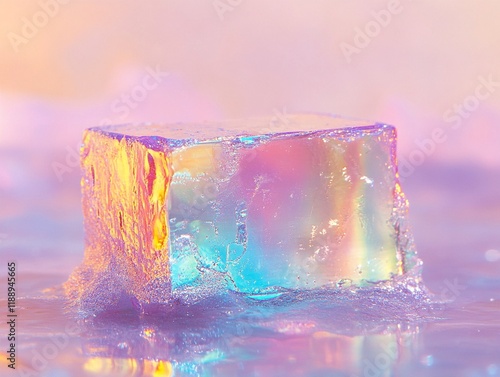 Macro of a melting transparent ice cube refracting vivid rainbow colors against a gradient pastel background