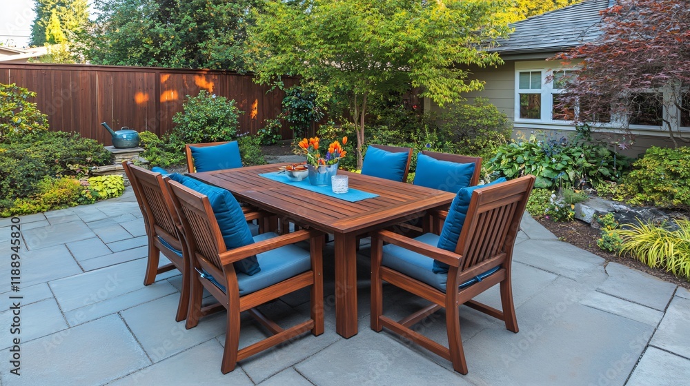 Fototapeta premium Serene Backyard Patio Dining Set with Wooden Table and Blue Cushions