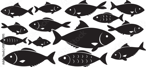 Set of fish. Fish icon vector isolated on white black background. food illustration sign collection. Fish icon
