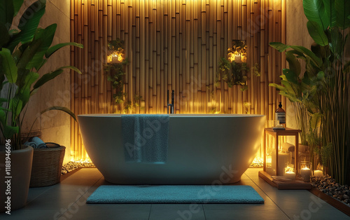 Luxurious spa inspired home bathroom with a freestanding tub, bamboo accents, and calming design elements. A perfect blend of elegance and relaxation for a serene retreat.

 photo