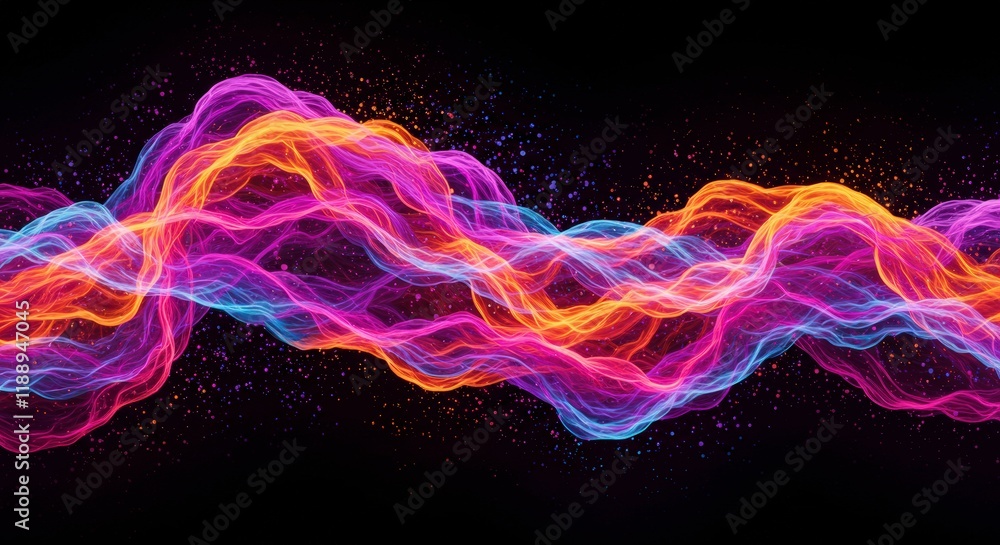 Fototapeta premium Abstract Neon Wave: A vibrant, dynamic wave of neon pink, orange, and blue light flows across a dark background, creating a mesmerizing and energetic visual effect.