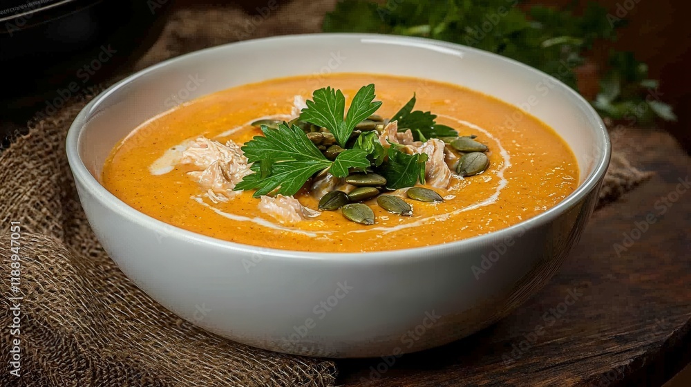 Delicious creamy pumpkin soup recipe cozy kitchen food photography warm ambiance top-down view culinary delight Delicious creamy pumpkin soup recipe cozy kitchen food photography warm ambiance top-down view culinary delight