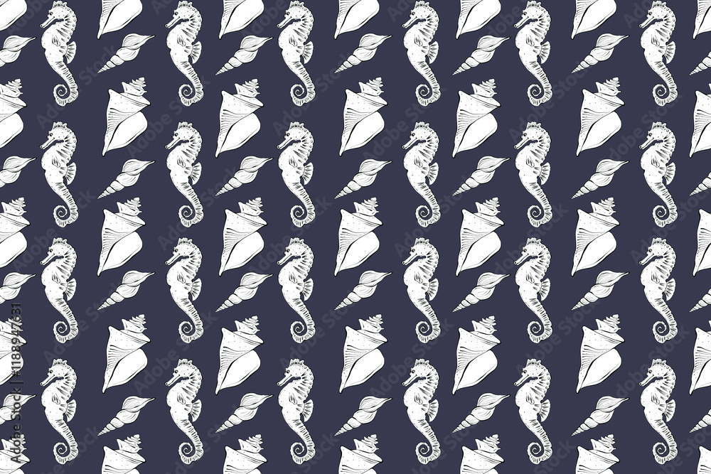 Fototapeta premium Seamless pattern in nautical style. Shells and seahorse on a dark blue background. Hand drawn illustration in line art style. Drawn in black ink in sketch style. For packaging, textile, wallpaper
