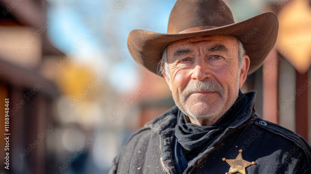 Portrait of a cowboy in a rustic setting wearing a sheriff badge and hat while standing in an old western town during the day Portrait of a cowboy in a rustic setting wearing a sheriff badge and hat while standing in an old western town during the day