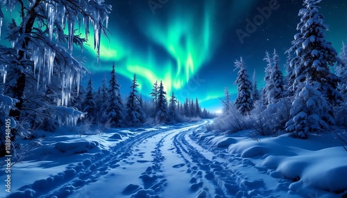 Enchanted Winter Pathway: Snow-Covered Forest Under Aurora Borealis
