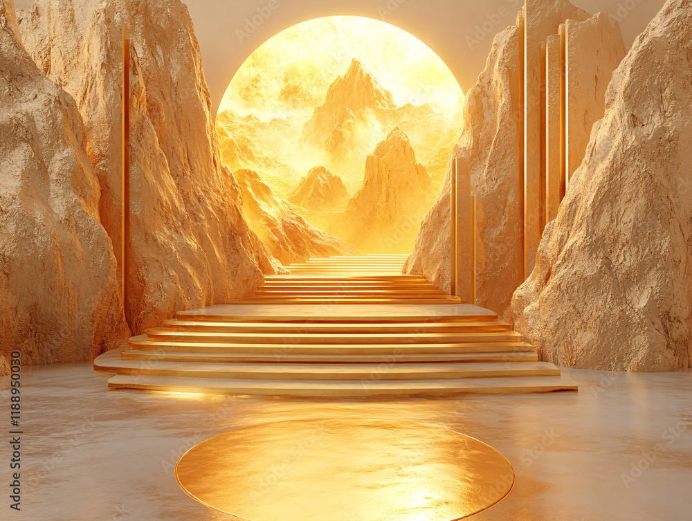 Obraz premium Chinese new year theme, futuristic, abstract scene with a golden, wave-like structure and a smooth, rounded platform in the foreground, all set against a textured, vertical line background.