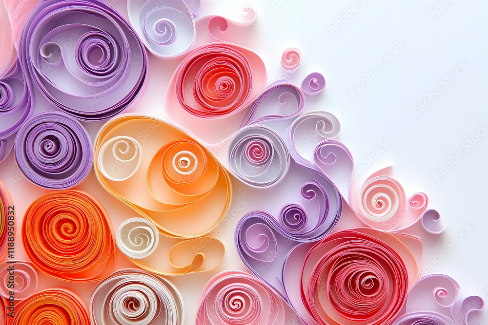 Paper quilling of beautiful, colorful swirls in pastel colors on a white background, featuring shades of pink, purple, and orange. Paper quilling of beautiful, colorful swirls in pastel colors on a white background, featuring shades of pink, purple, and orange.