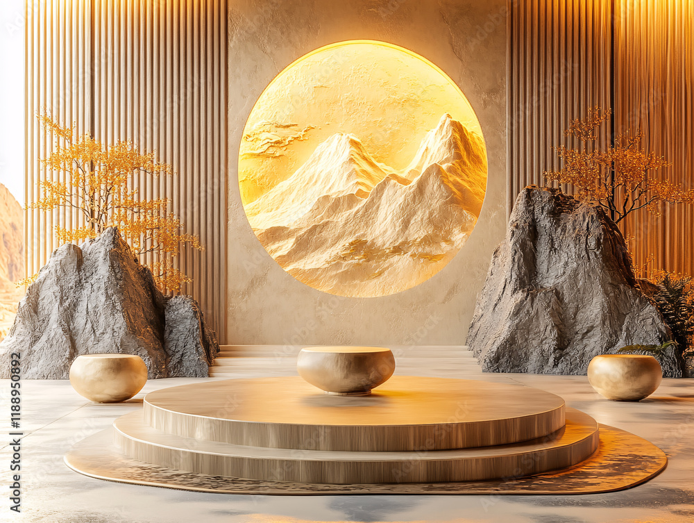 Obraz premium Chinese new year theme, futuristic, abstract scene with a golden, wave-like structure and a smooth, rounded platform in the foreground, all set against a textured, vertical line background.