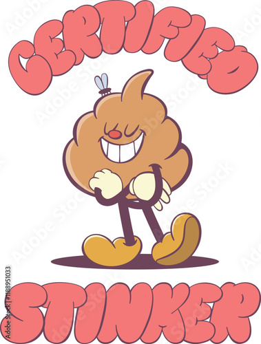 Groovy poop character in retro style with quote