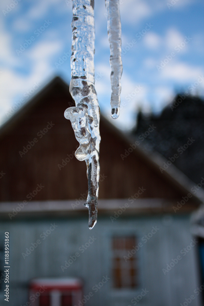 Transparent icicle close-up. There is a blurry image of an old village house in the background. Transparent icicle close-up. There is a blurry image of an old village house in the background.