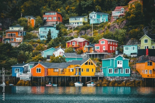 Colorful houses nestled on a hillside overlooking water photo