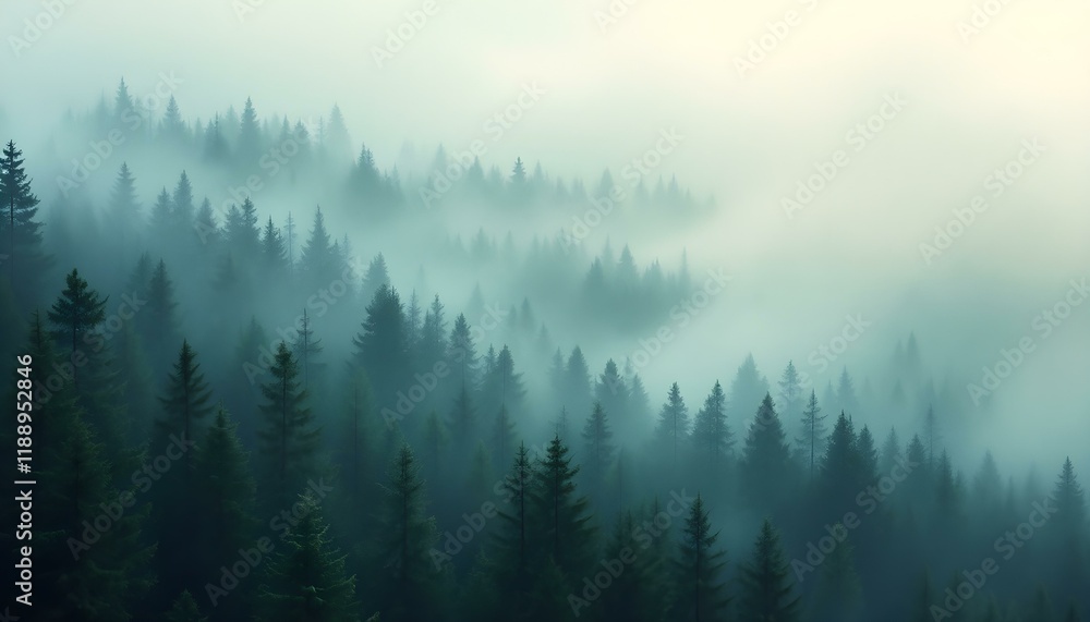 Naklejka premium Misty Mountain Forest: A Serene, Dreamlike Landscape