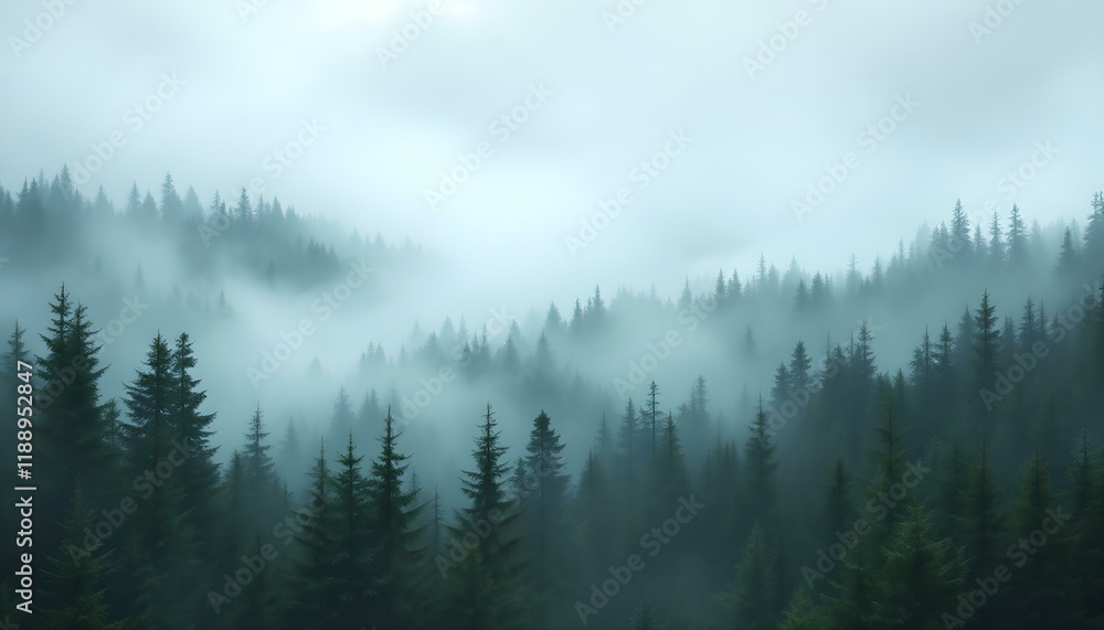 Misty Mountain Forest: Enigmatic Evergreen Landscape in Serene Hues Misty Mountain Forest: Enigmatic Evergreen Landscape in Serene Hues