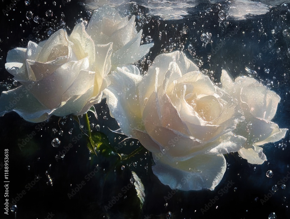 Macro view of ethereal underwater photography suspended white roses in crystalline space Macro view of ethereal underwater photography suspended white roses in crystalline space