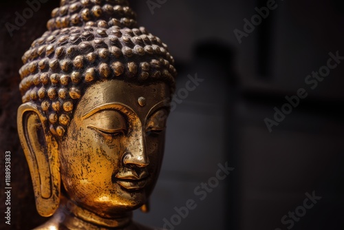 Wallpaper Mural golden buddha statue, serene expression, metallic sheen, close-up portrait, spiritual, zen, peaceful, ornate details, soft lighting, dark background, ancient wisdom, meditative, temple art, Asian cult Torontodigital.ca