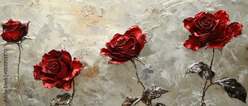 High-fidelity floral artwork bloodred roses with metallic sheen for indoor aesthetic photo