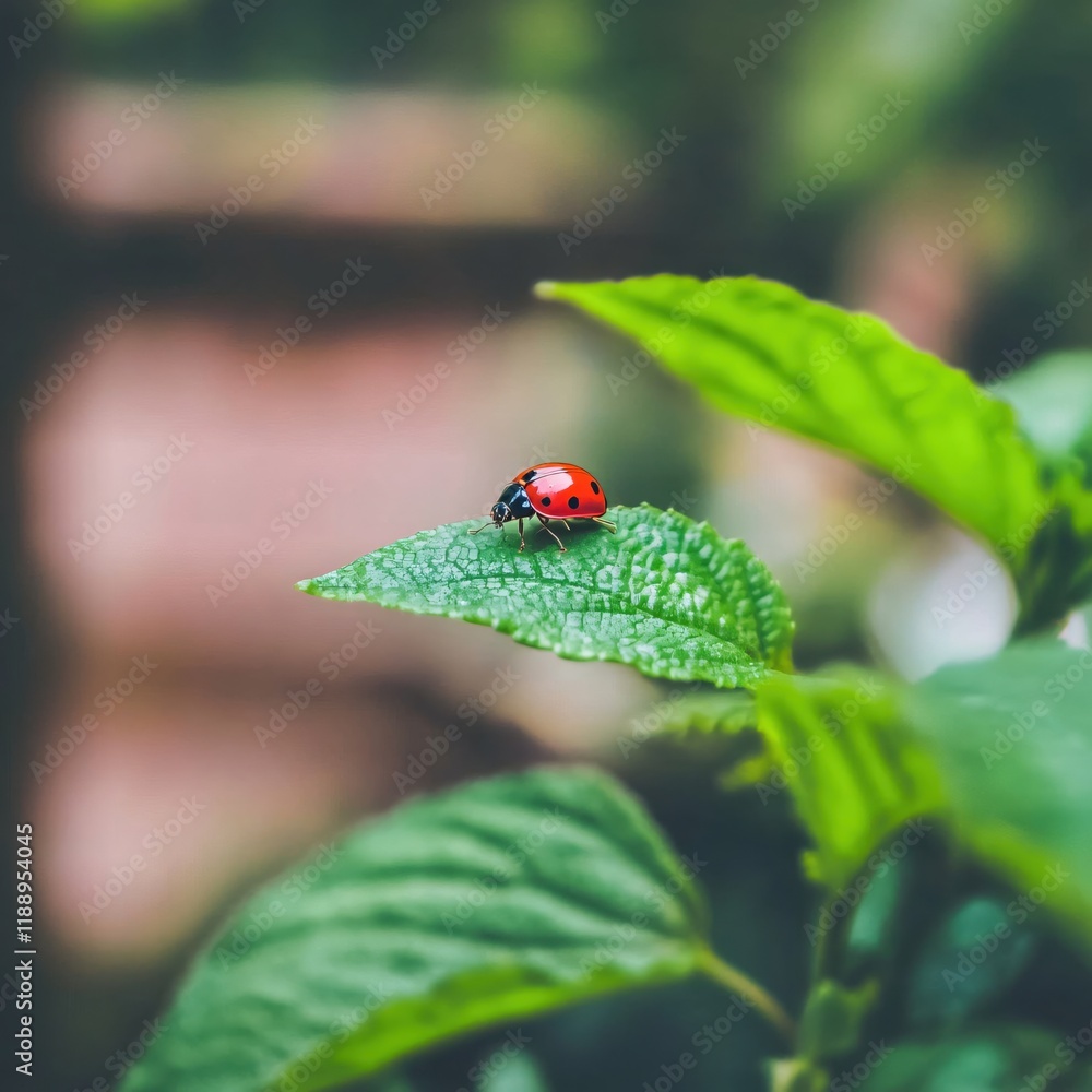 Fototapeta premium Ladybug on Green Leaf Nature Photography Peaceful Serenity Summer Garden