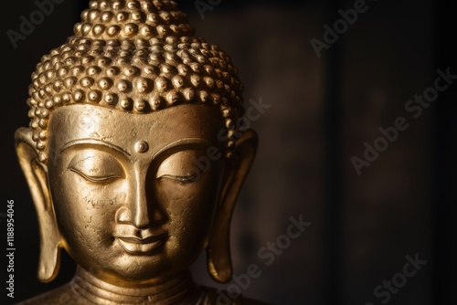 Wallpaper Mural golden buddha statue, serene expression, metallic sheen, close-up portrait, spiritual, zen, peaceful, ornate details, soft lighting, dark background, ancient wisdom, meditative, temple art, Asian cult Torontodigital.ca