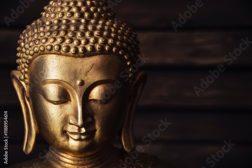 Wallpaper Mural golden buddha statue, serene expression, metallic sheen, close-up portrait, spiritual, zen, peaceful, ornate details, soft lighting, dark background, ancient wisdom, meditative, temple art, Asian cult Torontodigital.ca